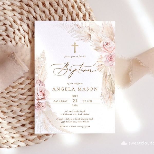 BOHO blush Baptism Invitation template Girl Blush floral Printable Baptism Invites Christening Invite Baby Girl Pink 1st Communion  cross