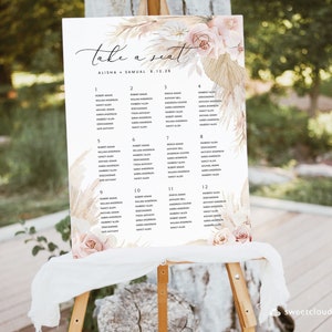 Blush rose zitplaatsen grafiek sjabloon, Boho stoel grafiek, Pampas gras zitplaatsen teken, afdrukbare Boho zitplaatsen poster bewerkbare Orchid stoel grafiek