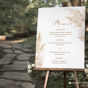 Modello di segno del menu dell'erba di pampa BOHO Segno del menu stampabile dell'erba di pampa Menu modificabile Semplice menu Boho menu poster Menu della cena di nozze