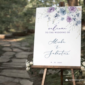 Dusty blue and purple Welcome Wedding Sign Template  DUSTY Purple wedding sign Violet flowerWelcome Sign Printable Wedding Sign welcome