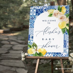 Blue tile and Lemon Baby Shower Welcome Sign Arch tile and lemon baby Shower poster Template Mediterranean Baby Sign Printable Mearla