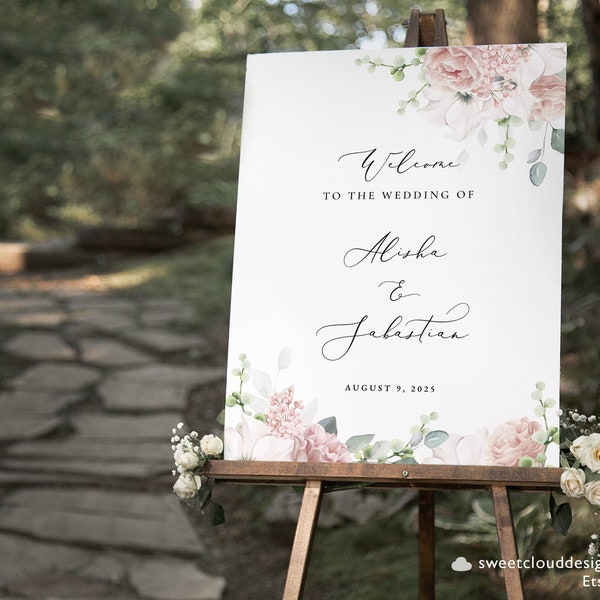 Dusty Pink Welcome Wedding Sign Template Dusty Blush wedding Welcome Sign Printable Bridal Sign welcome Pink Floral sign download Gracey