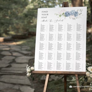 Staalblauwe bloemen bruiloft zitplaatsen grafiek, groen aquarel zitplaatsen plan, bewerkbare zitplaatsen sjabloon, bruiloft zitplaatsen plan, zitplaatsen teken, Grace