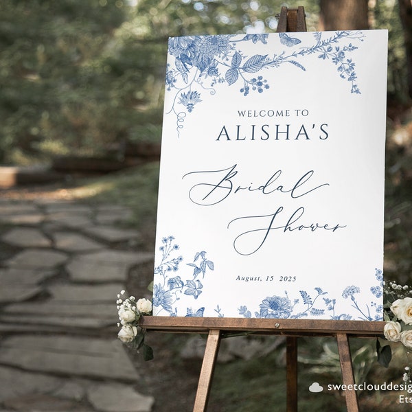 dusty blue flower Bridal Shower Sign Vintage blue floral Bridal Shower Template Vertical blue flower welcome Bridal Sign Printable blue