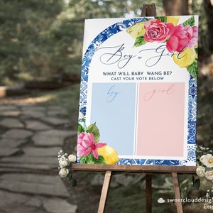 Blue tile and Lemon boy or girl game gender reveal game He or She What Will Baby Be Sign Gender Guess Board Baby Shower Pink floral Arch