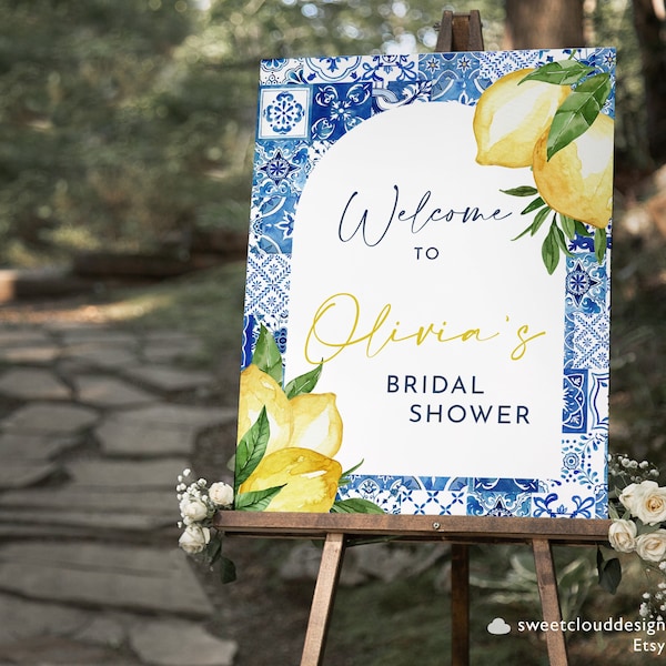 Blue tile and Lemon Bridal Shower Welcome Sign Arch tile and lemon Bridal Shower poster Template Mediterranean Bridal Sign  Amalfi Coast