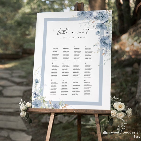 Dusty blue  Floral Wedding Seating Chart Steel blue floral Seating Plan blue berry Wedding Editable Seating Template Wedding Seating Plan