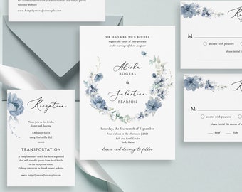Dusty blue Wreath Wedding Invitation Template steel blue floral wreath wedding invitation Editable blue berries Invitation Download  Berry