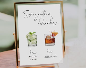 Puede incluir: Un cartel blanco con texto negro que dice "Signature Drinks". El cartel tiene dos imágenes de cócteles, uno con un gin con menta y tónica y el otro con un old fashioned. El texto debajo de las imágenes dice "hers: Mint Gin & Tonic" y "his: Old Fashioned".