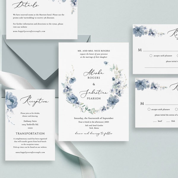 Dusty blue Wreath Wedding Invitation Template steel blue floral wreath wedding invitation Editable blue berries Invitation Download  Berry