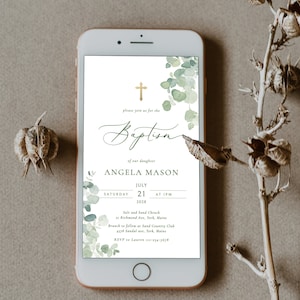 Eucalyptus baptême numérique Invitation verdure baptême téléphone inviter modèle doux vert baptême électronique inviter texte inviter téléphone inviter