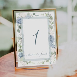 Steel blue floral Table number template Dusty blue rose and Greenery table number Printable card Blue flower table number editable card