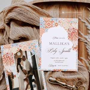 Boho Baby Sprinkle uitnodigingskaart, oranje Marokkaanse baby shower sjabloon, oranje tegel Baby Sprinkle uitnodiging Boho babyshower Mea