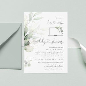 Greenery Virtual Baby Shower Invitation Template,Digital Baby Shower Invite,Long Distance baby shower,Text baby shower Email baby shower