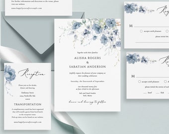 Dusty blue Wedding Invitation Template steel blue floral wedding invitation Editable blue berry Wedding Invitation Download template Berry