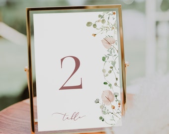 Spring greenery Table number Pink Flower table number template blush floral Printable Table card greenery and pink table number  Gianna