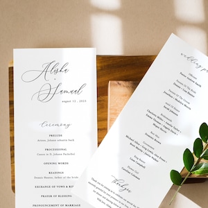 Elegante Hochzeitsprogrammvorlage Moderne Hochzeitszeremoniekarte Bearbeitbares Hochzeitsprogramm Einfache Hochzeitsreihenfolge der Servicezeitleiste selena