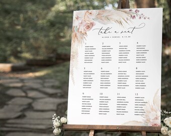 seating chart design Pampas grass Seating Chart template, Boho Seat chart ,Orchid and rose Seating Sign, Printable Bohemian seating poster Editable Pamelia