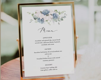 Steel Blue Floral Wedding Menu Template Greenery Menu Printable Dusty Blue Rose Menu Editable Menu Dinner Menu Editable Blush floral Grace