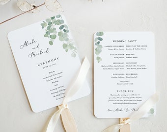 Soft Greenery Wedding Fan Program Template Printable Eucalyptus Editable Wedding Ceremony green garden Wedding program Gloria