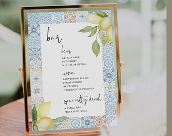 Blue tile Bar Drink Sign Template Lemon and tile Printable Bar wedding cocktail Sign Editable bat table sign Drink Bar Sign Mediterranean