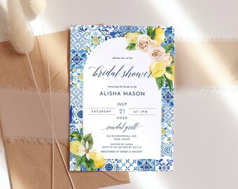 Mediterranean Lemon Bridal Shower Invitation template Blue tile Arch frame bridal shower Italian Blue Tile invitation Lemon Main Squeeze