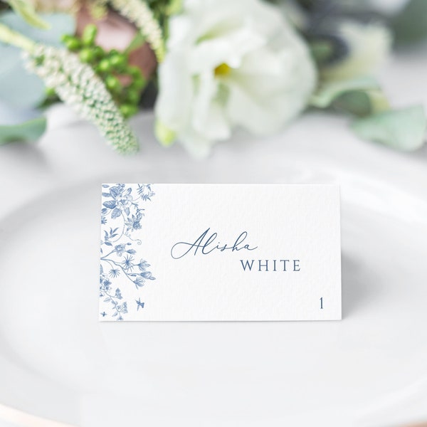 Dusty blue floral Place Cards Template steel blue name card Editable Place Card Blue vintage floral Place Card Editable Wedding name card