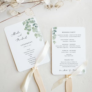 Szablon programu ślubnego dla fanów Soft Greenery do wydrukowania Eukaliptus do edycji Ceremonia ślubna zielony ogród Program ślubu Gloria