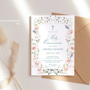 wildflower blush Holy Communion invitation garden Holy Communion invitation Blush flower Holy Communion Invitation Girl pink garden card