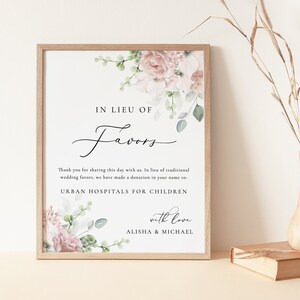 Modelo de sinal floral rosa empoeirado em vez de favores, modelo de sinal de doação de casamento floral blush editável cartão de caridade editável para impressão 8x10 5x7