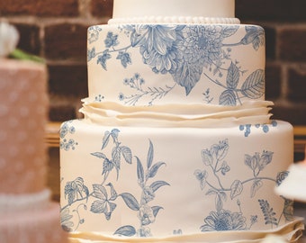 blue flower Cake icing template Vintage flower cake icing image dusty blue floral cake image steel blue floral cake icing template download