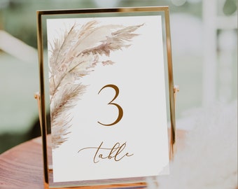 Pampas grass Table number Boho Wedding table number pampas Bohemian Printable Table card Beige grass table number template table number card
