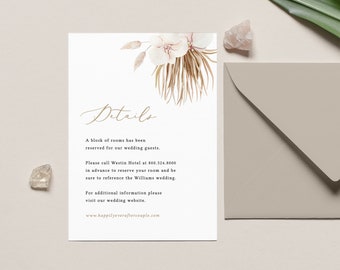 5 size Boho Beach Invitation insert card Blush Orchid invite details Pampas grass wedding enclosure card template Palm Leaf Printable Pamela