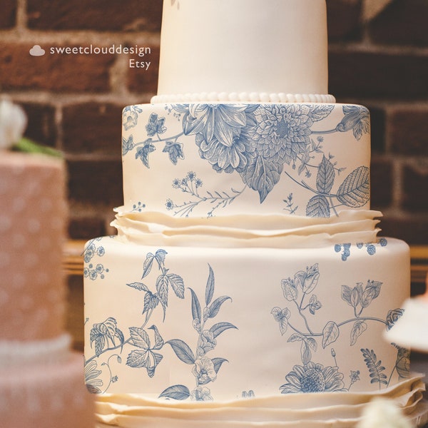 blue flower Cake icing template Vintage flower cake icing image dusty blue floral cake image steel blue floral cake icing template download