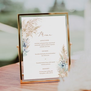 Pampas hierba azul floral Menú Plantilla baya flor Boho boda Menú Imprimible pampas hierba invierno polvoriento azul flor mesa menú Cena