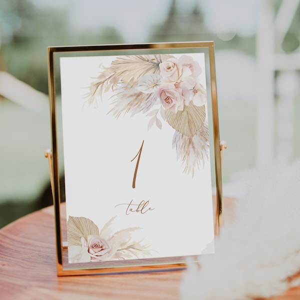 BOHO Dusty PINK Table number Blush BOHO  Wedding table number Blush pampas grass table number Table card Bohemian pink table number card