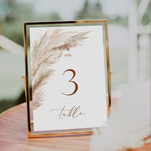 Pampas hierba Número de mesa Boho Número de mesa de boda pampas Boho Tarjeta de mesa imprimible Tarjeta de número de mesa de hierba beige plantilla de número de mesa