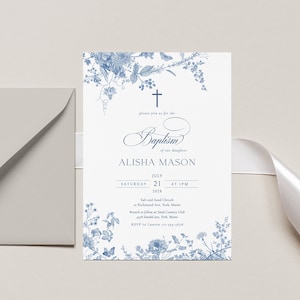 Dusty blue floral Taufe Einladung Vorlage blaue Vintage Blume Taufe Invite botanische Taufeinladung Printable blaues Kreuz Taufe