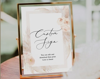 Perzik Boho Custom Table Sign sjabloonkaart Bewerkbaar aangepast teken Aanpasbaar teken Afdrukbaar aangepast teken downloadbaar teken Peach Blush Rose