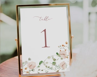 Spring greenery Table number Pink Flower table number template blush floral Printable Table card greenery and pink table number  Gianna