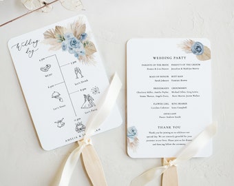 Timeline Dusty blue Floral Wedding Program Template Printable Boho blue flower Editable Ceremony Wedding day schedule program steel blue