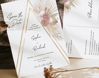 Boho Teepee Save The Date, Pampas grass Gold Save the Date,Palm leaf Save the date Template,Editable Engagement date ,Gold save date,PAMELA