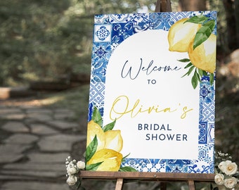 Blue tile and Lemon Bridal Shower Welcome Sign Arch tile and lemon Bridal Shower poster Template Mediterranean Bridal Sign  Amalfi Coast