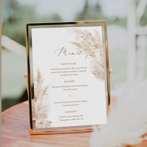 Pampasgras Menukaartsjabloon BOHO Pampasgras Afdrukbaar menu Bewerkbaar menu Eenvoudige Boho Menukaart tafelmenu Bruiloft dinermenu
