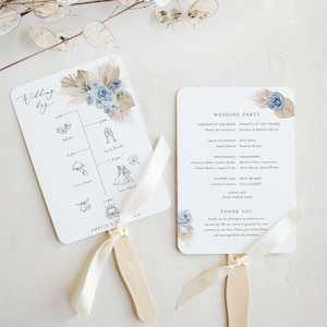 Timeline Dusty blue Floral Wedding Program Template Printable Boho blue flower Editable Ceremony Wedding day schedule program steel blue