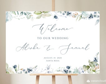 Dusty Blue Welcome Wedding Sign Template Steel blue wedding sign Welcome Sign Printable Wedding Sign winter floral sign download Berrie