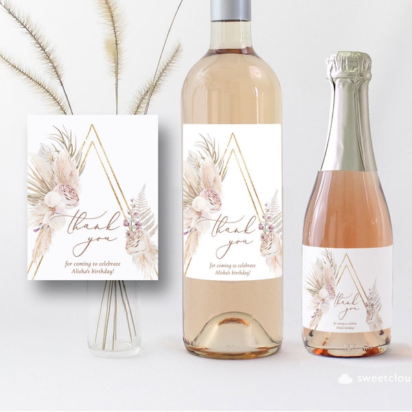 Boho blush flower Gift Wine Labels Avery Wine Label Orchid thank you Wine Label template pampas grass Printable wine Avery Champagne label