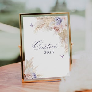 Flor rosa púrpura Signo personalizado Boho Blush Custom Table Sign Lilac blush flor plantilla personalizada blush flor jardín tarjeta y regalos 8x10 A4