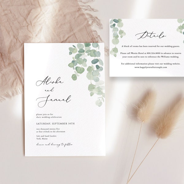 Eucalyptus Wedding Invitation Template Greenery editable wedding invitation Green leaves Printable Wedding Invitation Download Gloria