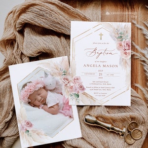 Dusty Pink Boho Baptism Invitation template Blush Boho peach Baptism Invite Editable pampas grass Christening Invite Gold cross baptism card